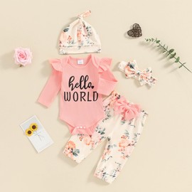 Newborn Girl Spring Long Sleeve Romper Clothes Set I’M NEW Here Letter Bodysuit Flower Print Pants Hat and Bow Headband 4Pcs Set Outfit (Dakr Pink, 0-3 Months)