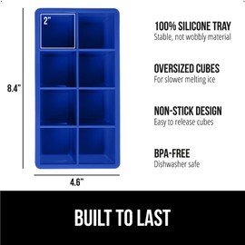 Gorilla Grip Slow Melting Large Silicone Ice Cube Tray for Freezer, 2 Pack, Easy to Push 8 Giant Square Cubes, Use for Cocktails, Iced Coffee, Water Bottle, Puree, Kitchen Bar Essentials, Royal Blue