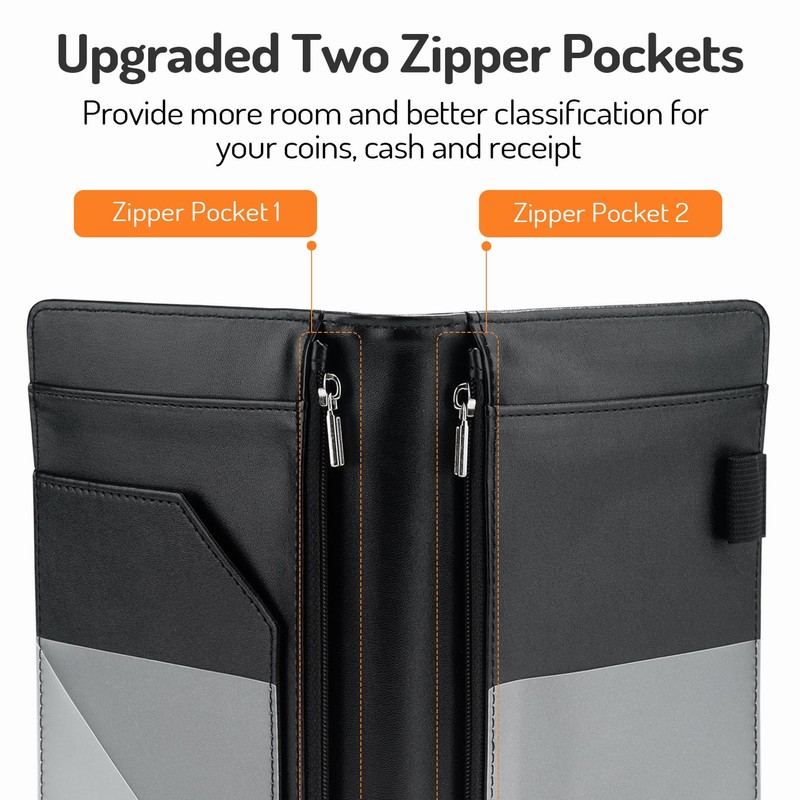 Server Book with 2 Zipper Pockets, Leather Server Books for