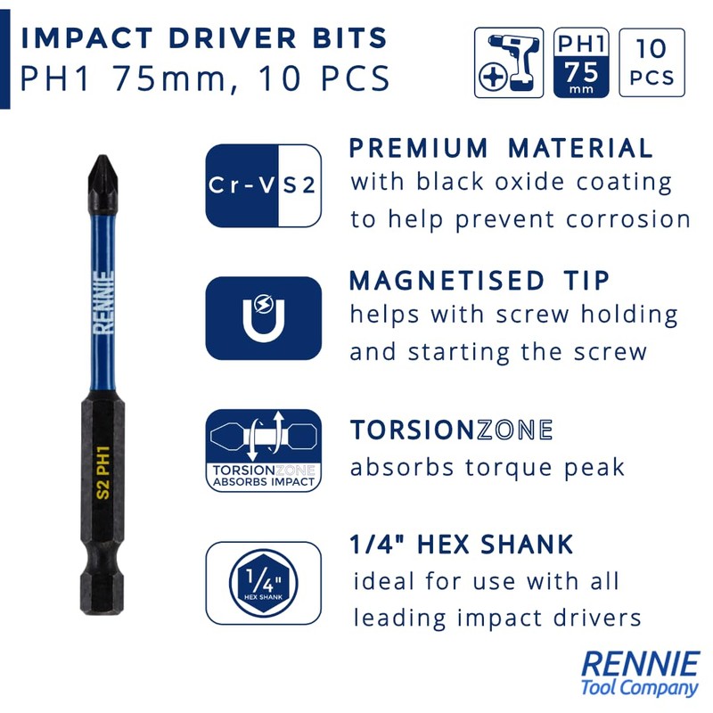 10 x Rennie Tools 75mm Long PH1 Impact Screwdriver Driver