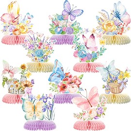 10 piezas de decoraciones de fiesta de mariposa - centros de mesa de flores de mariposa en primavera, color rosa y morado, 3D, panal, toppers de mesa para niñas, suministros de baby shower, fiesta