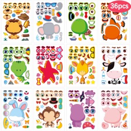 36 Sheets 9"x6" Make Your Own Stickers, Make a Face Sticker Sheets for Kids, Mix and Match Animal Face Stickers with Dinosaur, Sea Farm and Safari Animal for Kids Crafts Party Activities Favors