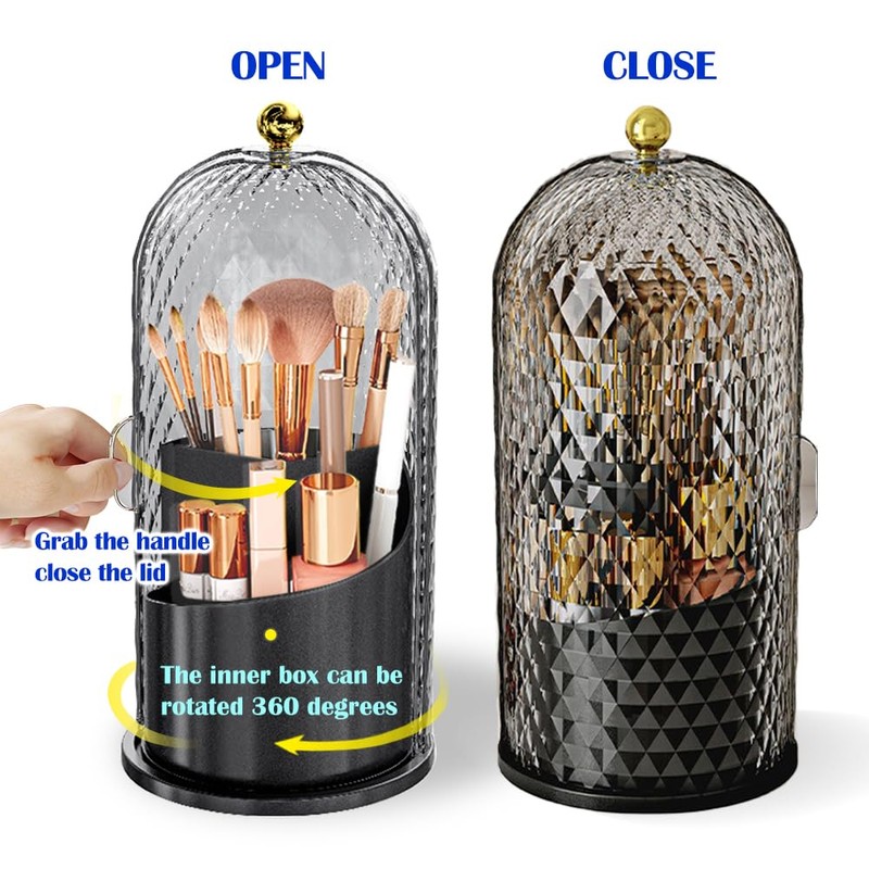 JIANGLAI Makeup Brush Holder with Lid, 360 Rotating Multifunction Clear
