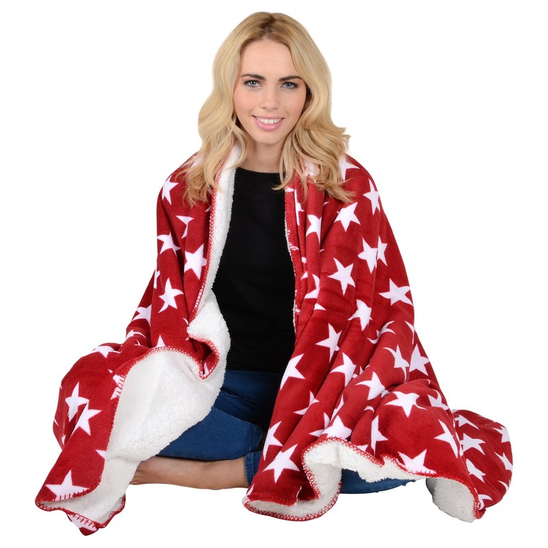 Micro-Pro Red/White Stars Fleece Blanket Soft Sherpa Home Warm Sofa