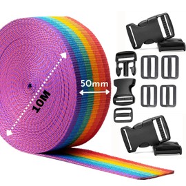 Webbing Strap, Rainbow Polypropylene Webbing Strap Tape 25mm,40mm,50mm Wide for DIY Craft Dog Collar, Tow Ropes, Luggage Belt, 10M with 5 Sets of plastic release plastic buckles (50mm)