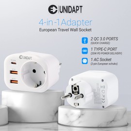 Unidapt 20W USB C Ladegerät | Schnellladefunktion Adapter Steckdose mit 3 USB, 4000W(16A) | Steckdosenleiste, Steckeradapter mit 2 USB-A QC 3.0 und 1 PD USB-C-Anschluss, Weiß