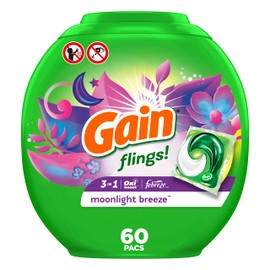 Gain flings! Laundry Detergent Soap Pacs, HE Compatible, Long Lasting Scent, Moonlight Breeze, 60 count