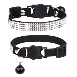 Dog Cat Collar Breakaway with Bell - Bling Rhinestone Dog Cat Collar - Soft Safe Adjustable Shining Collar for Small Puppy Girl (Black, XS)