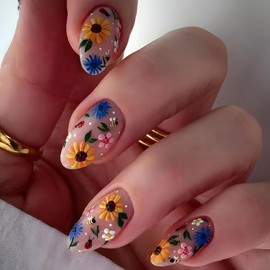 Almond Press on Nails Short Glue on Nails 3D Colorful Flowers & Floral Fake Nails Brown Full Cover Nails Press ons Leaf Artificial Cute Acrylic Nails for Women 24 Pcs