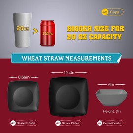 Teivio 16-piece Plastic Wheat Straw Square Dinnerware Set for 4, Unbreakable Dinner Plates, Salad Plates, Snack Bowls, Tumblers 20 oz, Dishwasher Safe, Gray Ombre