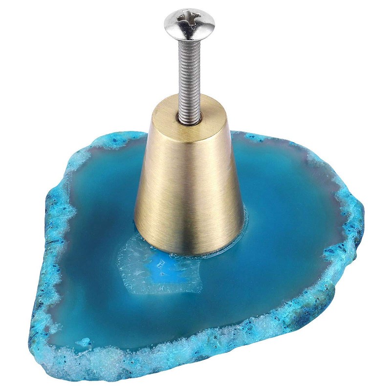 mookaitedecor Set of 6 Drawer Knobs Natural Blue Agate Brass