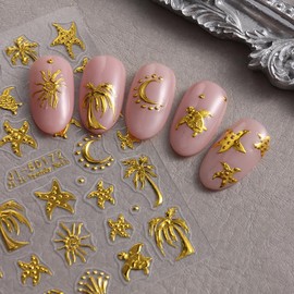 5D Embossed Ocean Nail Art Stickers Self-Adhesive Starfish Nail Decals Cute Coconut Tree Nails Design Gold Summer Beach Nails Supplies Sticker Decor for Women Manicure DIY 2 Sheets