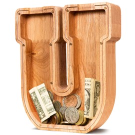 SummiDate Wooden Letter Piggy Bank| Piggy Bank for Boys Girls Toddler| Alphabet E Money Bank| Coin Bank Birthday Gift for Kids|Children's Gift (U)