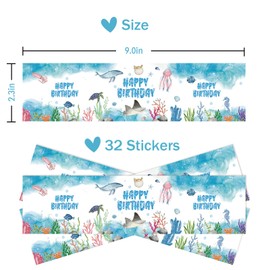 32 Pcs Sea Animal Happy Birthday Water Bottle Labels, Under The Sea Birthday Water Bottle Labels, Ocean Animal Waterproof Wrappers for Kids, Ocean World Themed Baby Shower Party Decorations