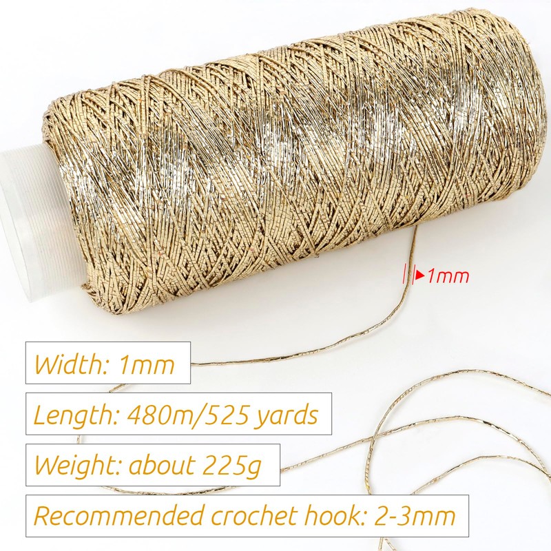 Uiopa Metallic Macrame Cord 1mm x 480m, Champagne Gold Glitter