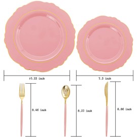 Nervure 100PCS Mauve Pink Plastic Plates With Gold Rim - Mauve and Gold Disposable Plates with Mauve Handle For Wedding & Party Serve for 20 Guests