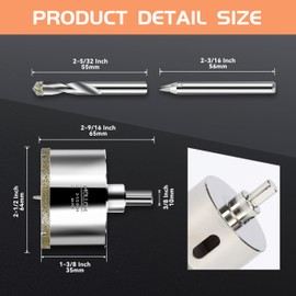 Mollom 2-1/2" (64mm) Diamond Hole Saw with 2Pcs Removable Pilot Drill Bit Smooth Cutting for Porcelain Tiles,Glass,Ceramic,Marble,Fiberglass,etc