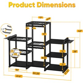 POKIPO 42" H Large Garden Tool Organizer, Holds Up to 86 Tools, Heavy Duty Yard Tool Organizer for Garage, 61“ Wide Lawn Freestanding Tool Storage Rack for Outdoor Shed Tool Rake, Shovel, Brooms