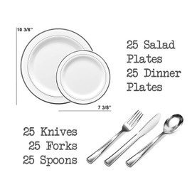 125 Pack Classy Disposable Plates with Plastic Silverware, Set Includes 25 Each of Dinner and Dessert Plates, Knives, Forks and Spoons, Silver Rim Dinnerware for Party Birthdays Weddings Occasions