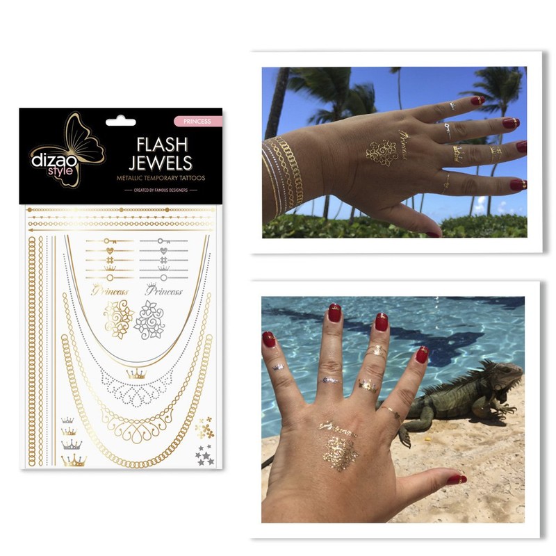 Dizao Gold Tattoo. PRINCESS. Flash Jewels. Metallic Temporary Gold Silver