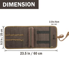 16OZ Waxed Canvas Tool Roll Bag, Heavy Duty Tool Storage Roll Bag with 7 Tool Slots & 1 Removable Pouch, Multi-Purpose Organizer for Wrenches Chisels Screwdriver, Grey + Brown