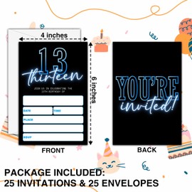 seclate Neon 13th Birthday Invitations for Boys, 25 Double-Sided Invitation Cards with 25 Envelopes, Black and Blue Party Decoration Supplies - D05