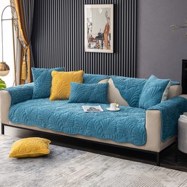 XSlive Palm Leaves Sofa Couch Cover Chenille Plush Quilted Sectional Couch Cover 1-Piece Non Slip Soft Sofa Slipcover Furniture Protector for Pets Kids Children Dog Cat (Blue,28"x35")