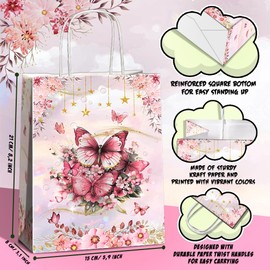 JOYGATHER 24 Pcs Butterfly Party Favors Bags with Handles, Butterfly Goodie Bags, Gift Bags, Candy Bags with 2 Different Types, Floral Kraft Paper Bags for Birthday Party Supplies Baby Shower Decorations