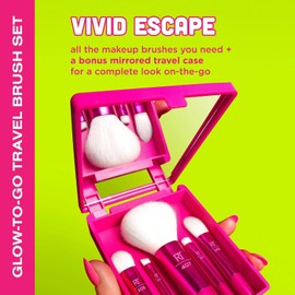 Real Techniques Vivid Escape - Juego de 6 brochas de maquillaje de viaje para sombra de ojos, corrector, contorno y rubor, incluye estuche de espejo para cosméticos, sin crueldad y vegano