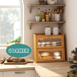 viewcare Bread Box for Kitchen Counter, Double Layer Large Bamboo Wood Bread Box, Bamboo Bread Storage Container with Wavy Acrylic Transparent Door