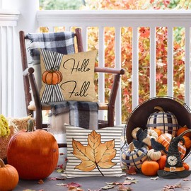 Auomily Fall Throw Pillow Covers 20x20 Inch Set of 4, Hello Pumpkin Maple Leaves Thankful Striped Orange Autumn Seasonal Holiday Decorative Farmhouse Decoration for Home