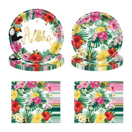 WODJR 104Pcs Hawaiian Tableware Hawaiian Party Decorations Hawaiian Dinnerware Hawaiian Plates Napkins Tropical Palm Leaf Tableware Aloha Tableware for Luau Party Decorations Tropical Party Decoration