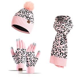 Women Winter Hat Scarf Gloves Set 3PCS Knitted Hat Warmer Scarf Touchscreen Gloves Warm and Cozy Cold Weather Matching Suit (Pink)