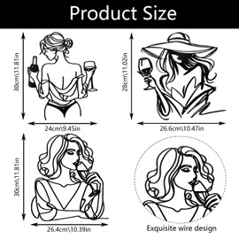 Thenshop 3 Pcs Wine Wall Art Black Metal Bar Art Drinking Woman Wall Decor Simple Black Lady Aesthetic Modern Line Design Sculptures Decor Female with Glass Wine for Home Bathroom Living Room Kitchen