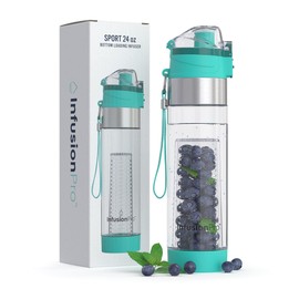 Infusion Pro Fruit Infuser Water Bottler, Insulated Sleeve & Fruit Infused Water eBook : Bottom Infuser for More Flavor : Locking Flip Top Lid : Unique Gift Idea - Teal