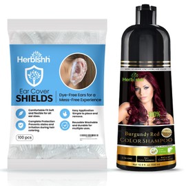 Herbishh Burgundy 3 in 1 Hair Dye Shampoo 16.9 Fl Oz and Hair Dye Stain Protection for Ears 100 pcs Combo, Champu Para Canas Mujer - Color Shampoo for Gray Hair & Waterproof Plastic Ear Shower Caps