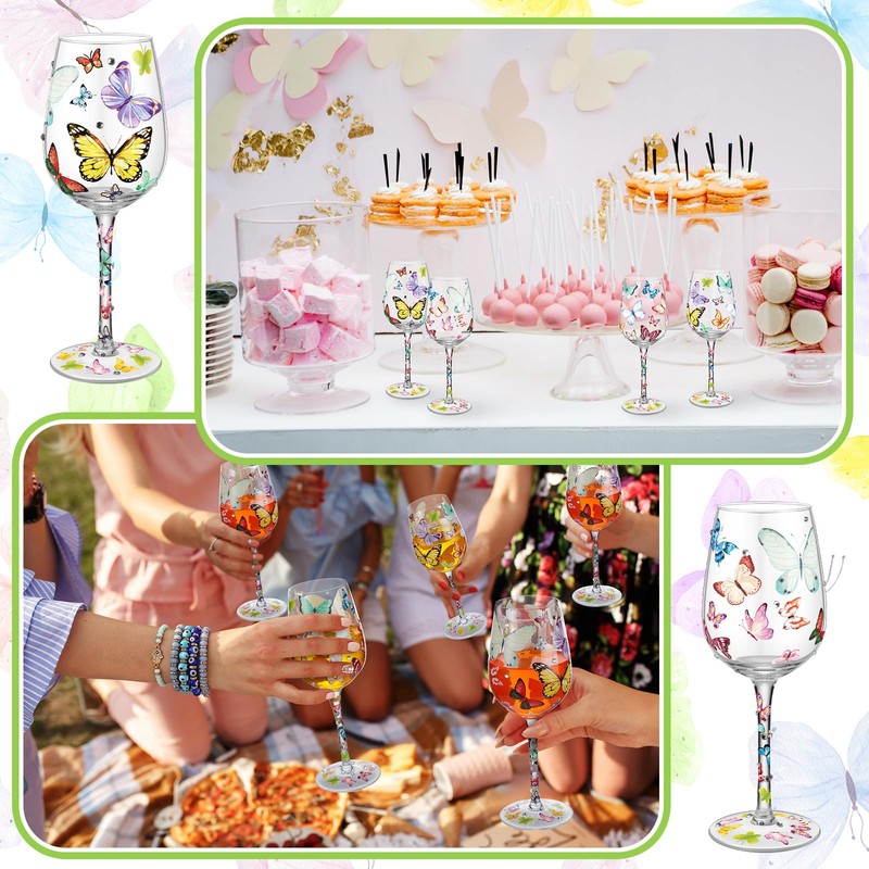 SiliFine 4 Pcs Butterfly Hand Painted Wine Glasses with Long