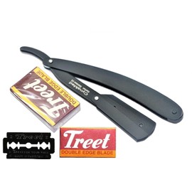 GERMAN STAINLESS PROFESSIONAL BARBER HAIR SHAVING STRAIGHT FOLDING RAZOR W/ 10 TREET BLADES (CYNAMED)