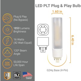 Diodesy- LED Plug & Play PL Horizontal Light Bulb Ballast Dependent 16W (42W Equivalent) G24q Base 1850 Lumens 4000K Cool White- CFL Replacement Recessed Ceiling Down Light for Wall Sconces Pack of 5