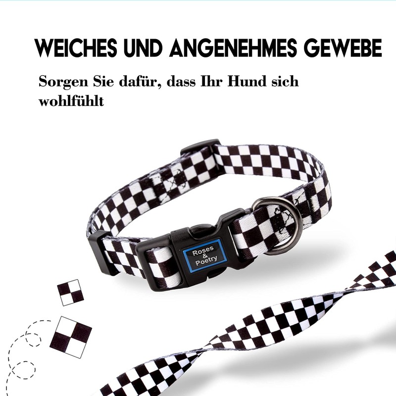 Roses&Poetry Dog Collar with Colourful Checkered Patterns, Adjustable Durable Puppy