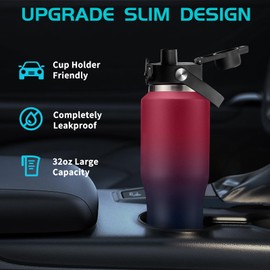 Stainless Steel Tumblers with Straw 32 oz- Vacuum Insulated Water Bottle Flask for Car Office Gym, Cold-48H & Hot-24H, Water Flask with Straw & Spout Lids, Thermal Water Bottle Pouch & Silicone Boot