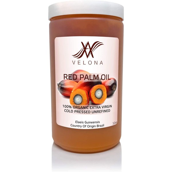 100% Natural RED Palm Oil by Velona | All Natural Clear Carrier Oil for Face, Hair, Body & Skin Care and Cooking | Unrefined, Cold Pressed, Extra Virgin | in jar | Size: 64 OZ