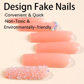 Pink Press on Nails Long Square Fake Nails Rhinestone with Glitter Design Acrylic Full Cover False Nails Artificial Nails Glossy Glue on Nails Stick on Nails for Women Manicure Art 24Pcs