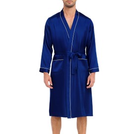 Lovasy Mens Silk Dressing Gown Lightweight Satin Robe for men Summer Kimono Dressing Gown Long Sleeve Bathrobe Soft Spa Silky Robes with Belt and Pockets Loungewear Nightwear,Blue,M