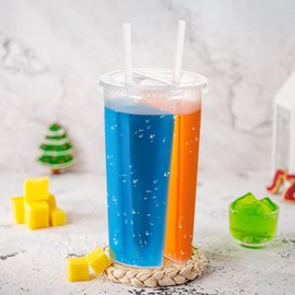 Garneck 20pcs Double Heart Shape Cup with Lids Plastic Clear Double Grid Bubble Tea Cups Design for Hot and Cold Drinks Smoothies Coffee at Parties Celebrations(Straw not included)