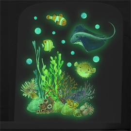 Condessacity Glow in the Dark Wall Sticker Night Glow in the Dark Fluorescent Sticker Coral Flower Devil Fish World in the Sea Toilet Wall Sticker Bathroom Toilet Wall Decor Living Room Bedroom