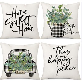 PSDWETS Farmhouse Spring Summer Pillow Covers 18x18 Set of 4,Home Decor Eucalyptus Leaves Truck Vase Home Sweet Home Bless Our Home Cushion Case for Sofa Couch