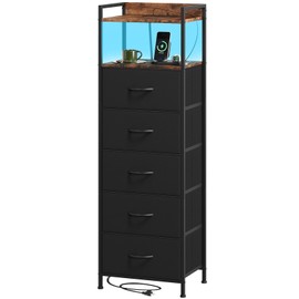 Somdot Black Nightstand with Charging Station and LED Light for Bedroom, Tall 5 Drawers Dresser with Fabric Bins for Bedside Kids Dorm Room Closet Laundry Entryway, Black Rustic Brown