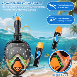 Snorkel Mask, Full Mask for Adults, 180 Degree Vision, Anti-Fog Diving Mask, Anti-Leak, Anti-Fog Diving Mask with Sports Cameras, Compatible for Snorkelling, Swimming and Diving
