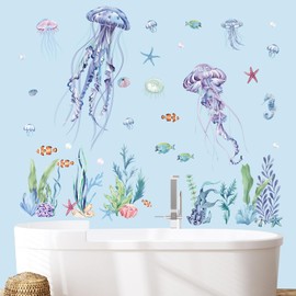 decalmile Wall Sticker Under the Sea Jellyfish Seaweed Wall Sticker Underwater World Fish Wall Sticker Nursery Baby Room Bathroom Wall Decoration